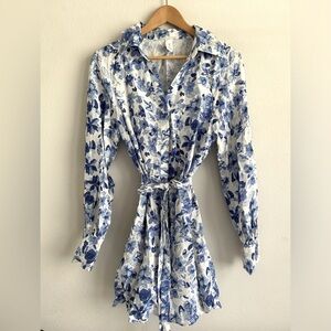 H&M blue and white floral button down mini long-sleeve dress, Medium